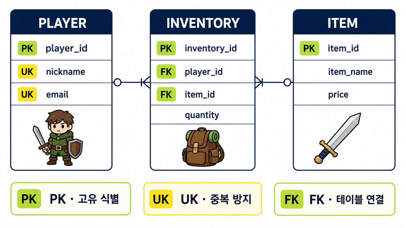 PLAYER, INVENTORY, ITEM 테이블을 연결해 PK는 고유 식별, UK는 중복 방지, FK는 테이블 연결 역할임을 보여 주는 게임 데이터베이스 도식