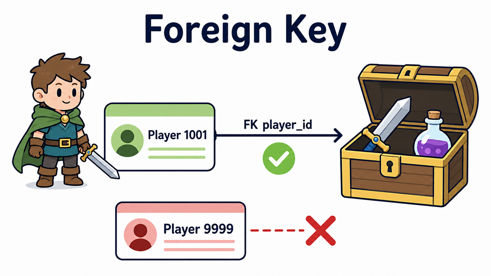 Player 1001의 인벤토리 연결은 허용하고 존재하지 않는 Player 9999의 연결은 거부하는 외래키 도식