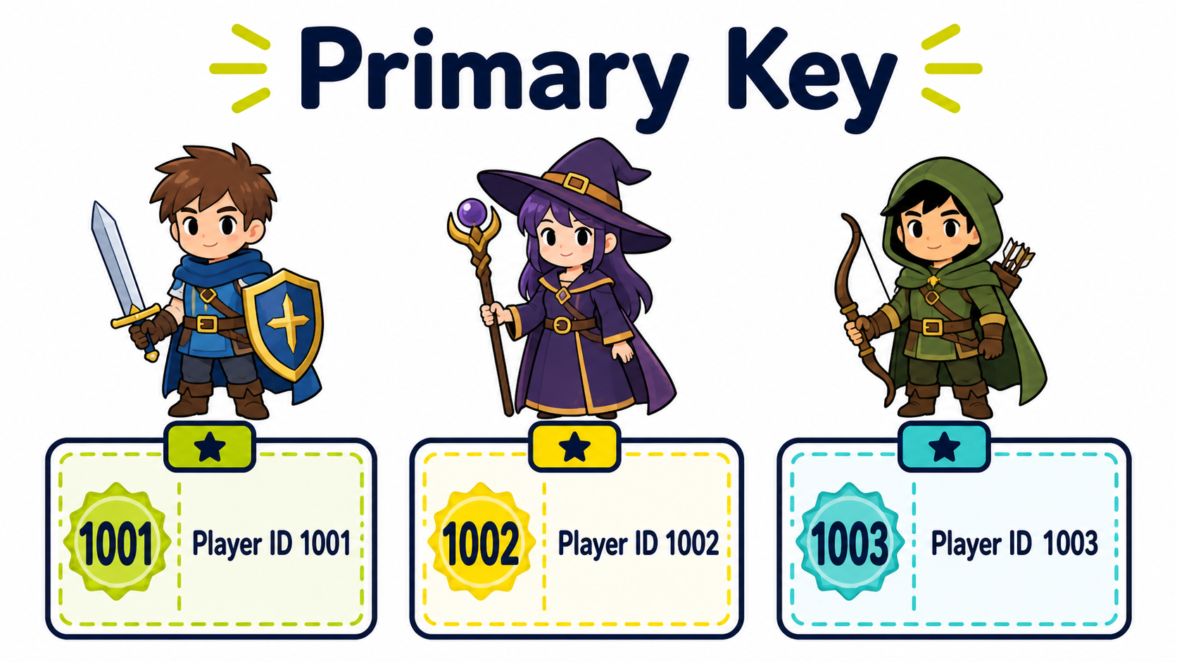서로 다른 Player ID 1001, 1002, 1003으로 기본키의 고유성을 보여 주는 RPG 캐릭터 도식