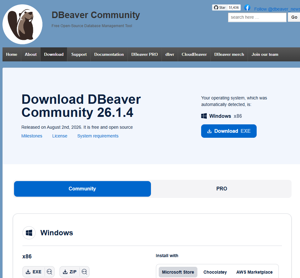 DBeaver Community 공식 다운로드 페이지에서 Windows 설치 파일을 선택하는 화면