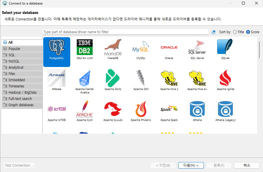 DBeaver 새 연결 창의 데이터베이스 목록에서 PostgreSQL을 선택한 화면