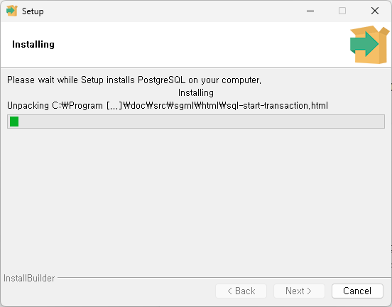 PostgreSQL 설치 프로그램이 Windows에 서버 파일을 설치하는 진행 화면