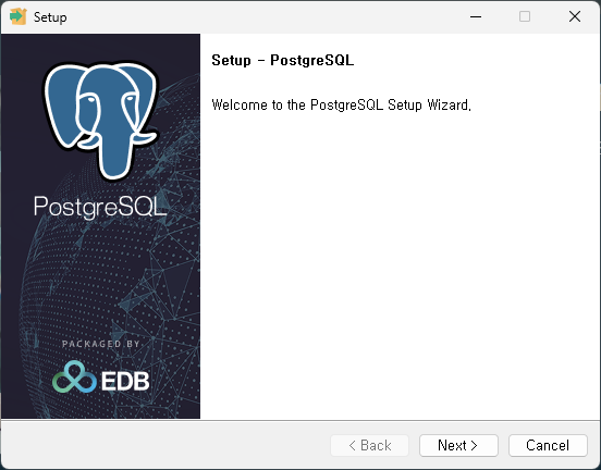 Windows PostgreSQL Setup Wizard 시작 화면에서 Next 버튼을 누르기 전 모습