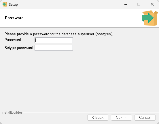 PostgreSQL 설치 마법사에서 postgres 슈퍼유저 비밀번호와 확인 비밀번호를 입력하는 화면