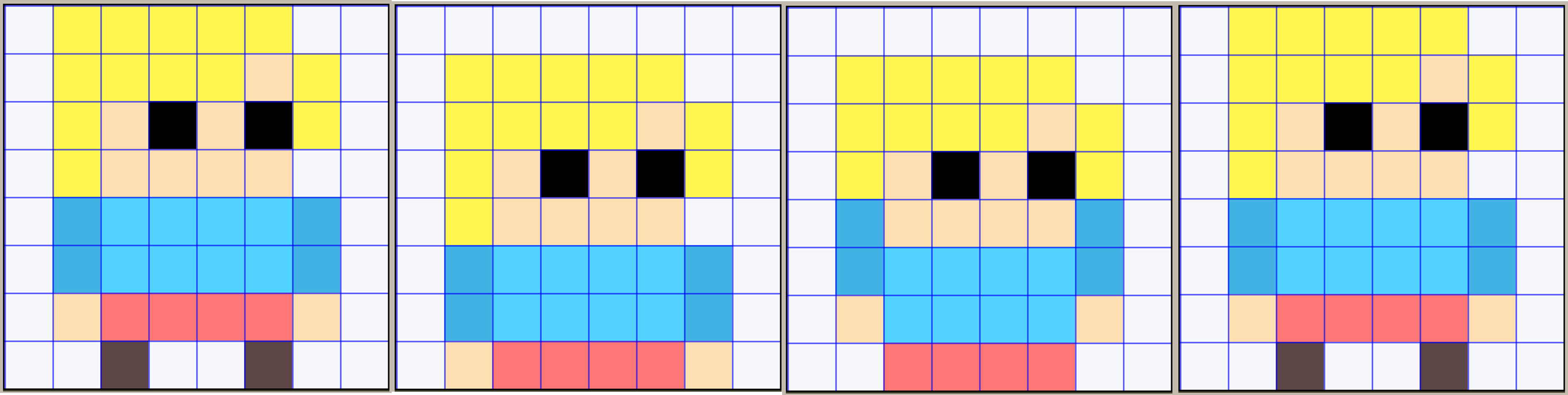 앞의 움짤을 프레임별로 펼친 그림. 8x8 도트 캐릭터의 자세가 조금씩 다른 정지 이미지 4장이 왼쪽부터 순서대로 나열돼 있다.